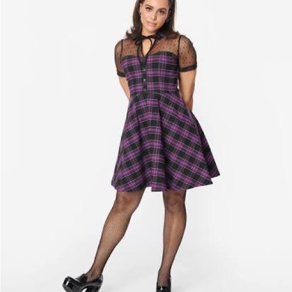Unique Vintage Dresses & Skirts - Unique Vintage Purple Plaid Fit-and-Flare Dress with Sheer Polka Dot Yoke